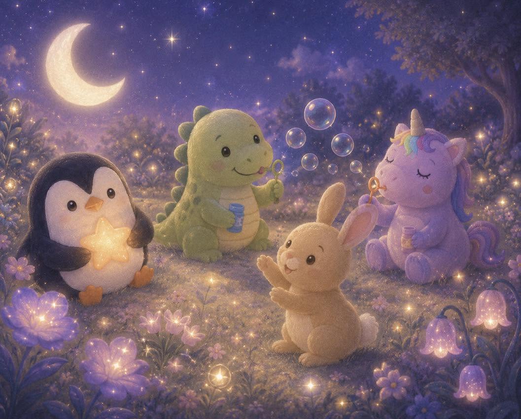 Moonlit meadow with penguin, unicorn, and friends under the stars