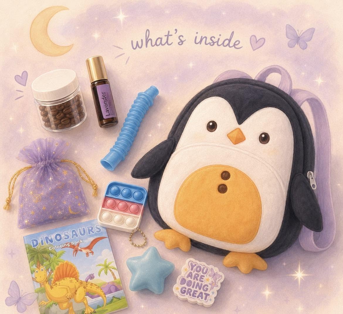 Little Aurora Anxiety Care Backpack — penguin backpack with calming tools